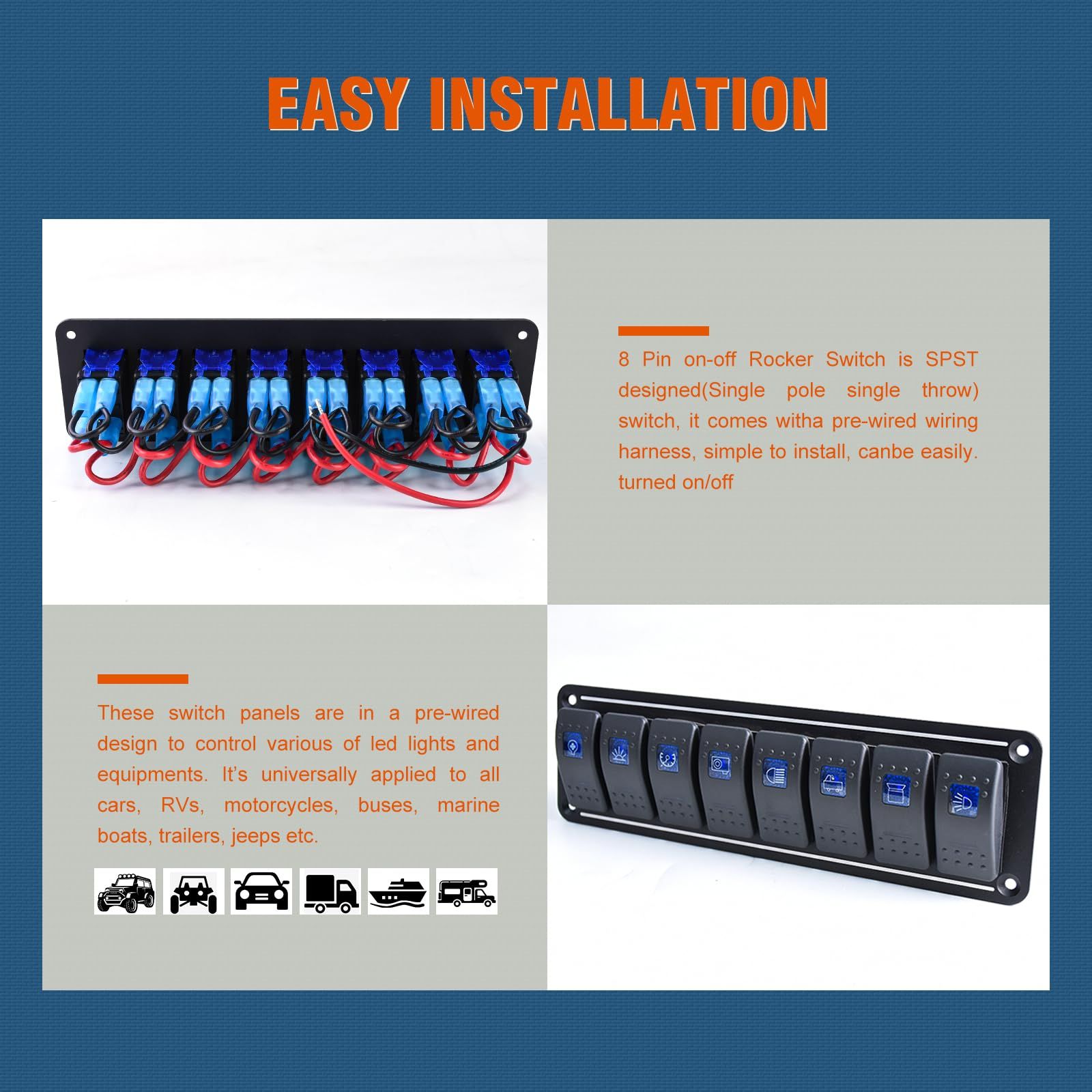 Rocker Switch Panel 8 Gang Aluminum Waterproof Toggle Switch Panel, On-Off Car Boat Switch, Pre-Wired Switch Panel — image 4