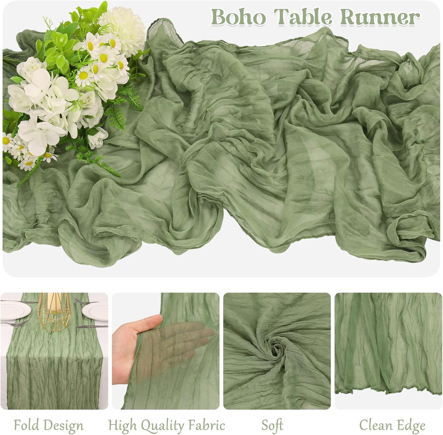 10 Pack Sage Green Cheesecloth Table Runner 10FT Boho Gauze Fabric Table Runner Vintage Rustic Sheer Runners for Wedding Party Bridal Baby Shower Long Table — image 3