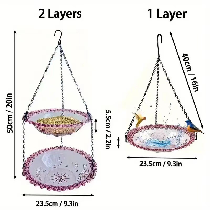 2 Set Pink Elegant Hanging Glass Bird Feeder - Double Tier for Garden Birds — image 2