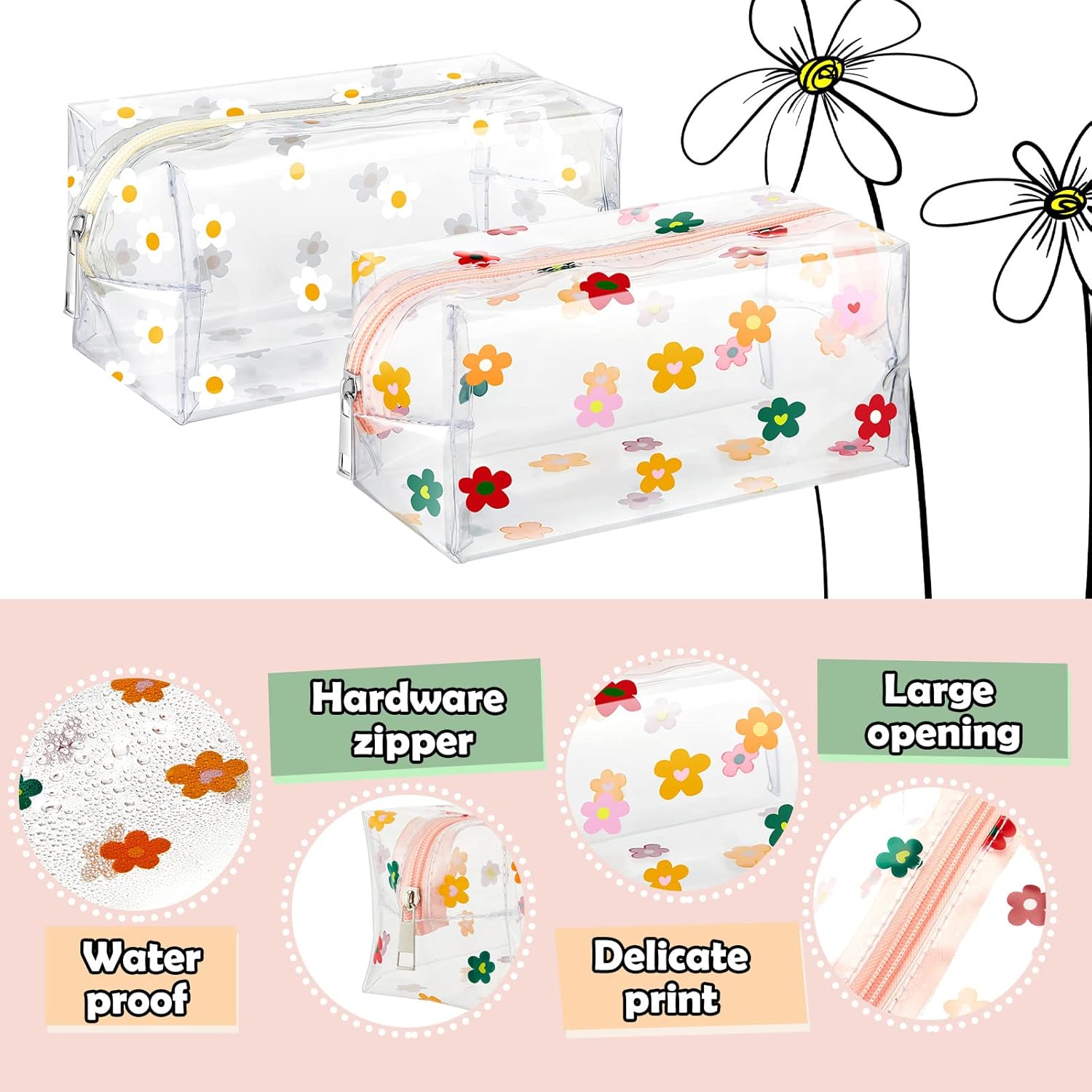 Amylove 2 Pack Cute Flower Makeup Bags Daisy Zipper Pouches Floral Pencil Pouch Portable Toiletry Pouches for Women Travel Vacation Bathroom School โ image 2