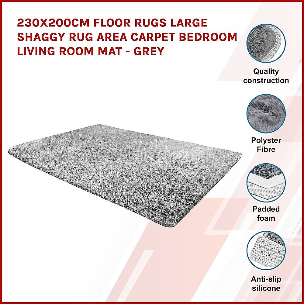 230 × 200cm Floor Rugs Large Shaggy Rug Area Carpet Bedroom Living Room Mat - Grey — image 4