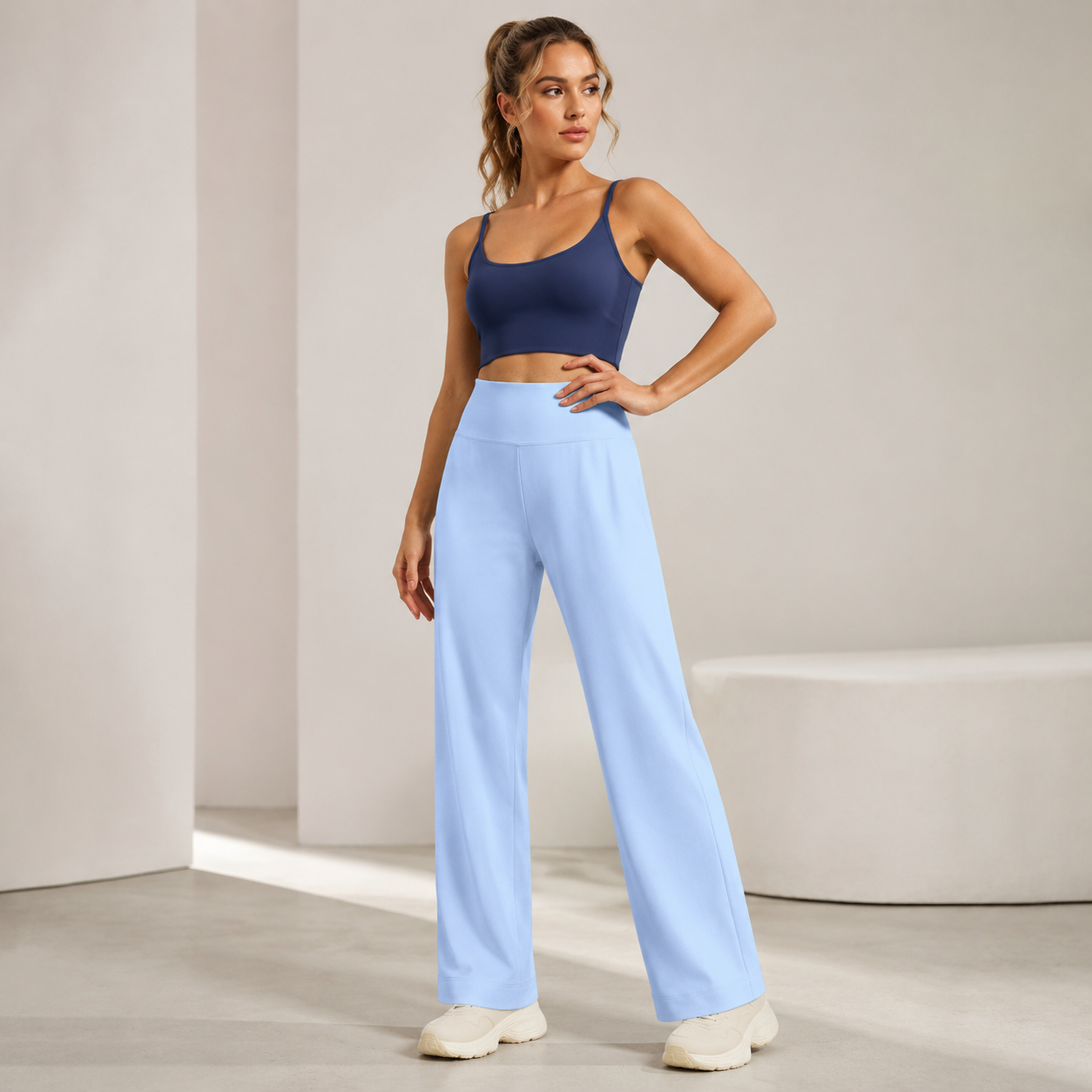 Women's High Waist Yoga Pants (L size)- Blue Loose Straight Leg Full Length Trousers with Rear Waist Pocket for Pilates, Studio Workouts, Lounging and Casual — image 2
