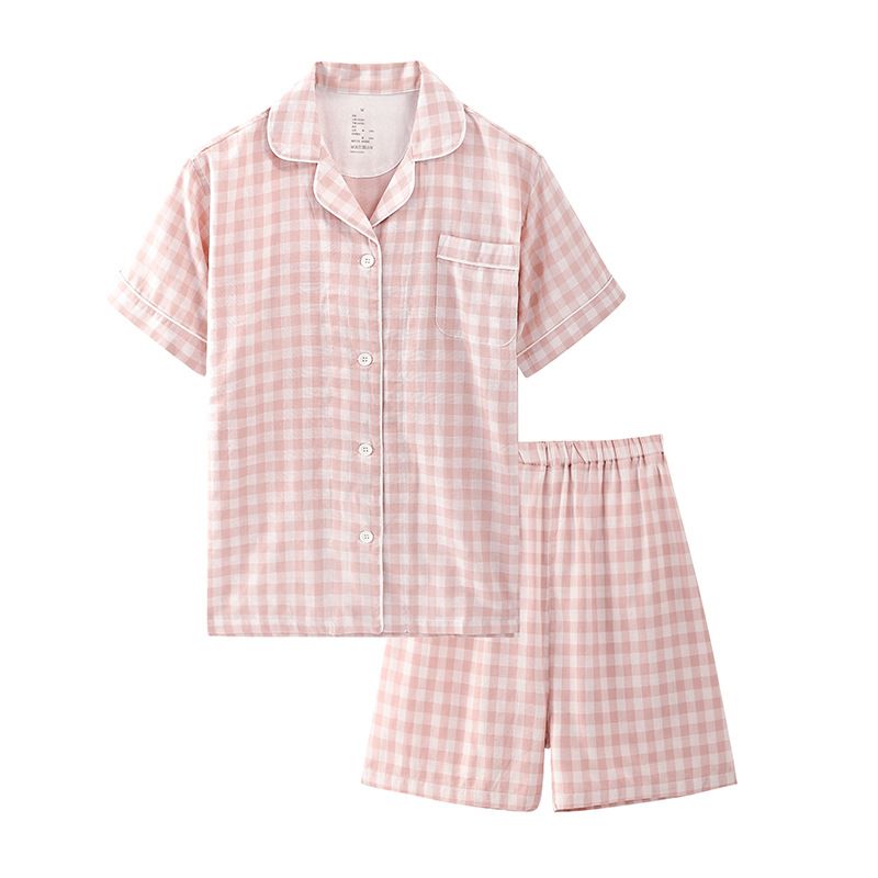 Cotton Short Sleeve Japanese Leisure Sleep Shorts Set Women's linen gray powder plaid short sleeve-short sleeve trousers XL โ image 5