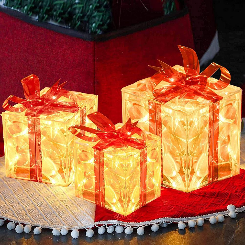 Set of 3 Christmas Lighted Gift Boxes Decorations Transparent Lighted Boxes with Red Bows Christmas Tree Skirt Ornament Xmas Tree Party Holiday Decor โ image 4