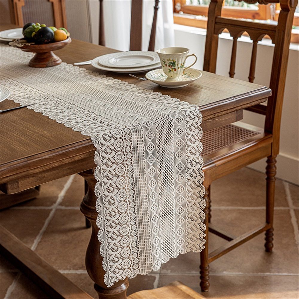 Beige polyester Crochet Rectangular Table Runner Handmade Table Decoration, Coffee Table Dresser Decor(Only tablecloth) 13x 70inch — image 2