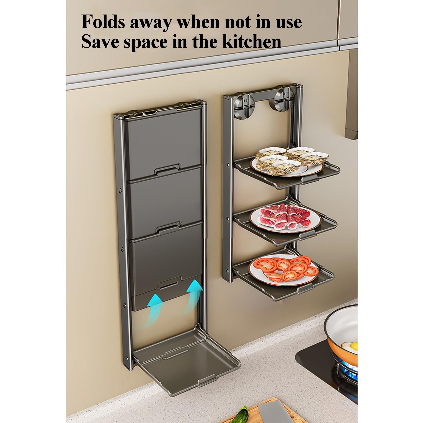 3-Tier Folding Kitchen Storage Rack for Plates, Snacks and Serving Dishes, Space-Saving Organiser for Benchtops, 3 Tiers, Dark Grey and Grey — image 6