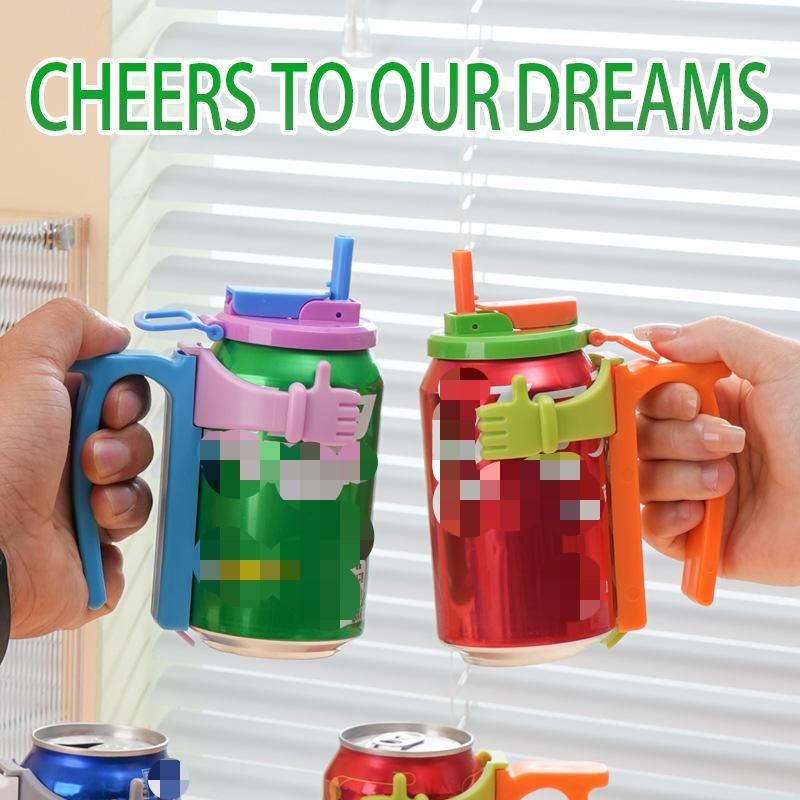 Green Soda Can Lid and Handle Holder Set - Anti-Overflow Plastic Cover with Straw and Suction Cup Grip for 12oz Cans, Portable Drink Accessory for โ image 2