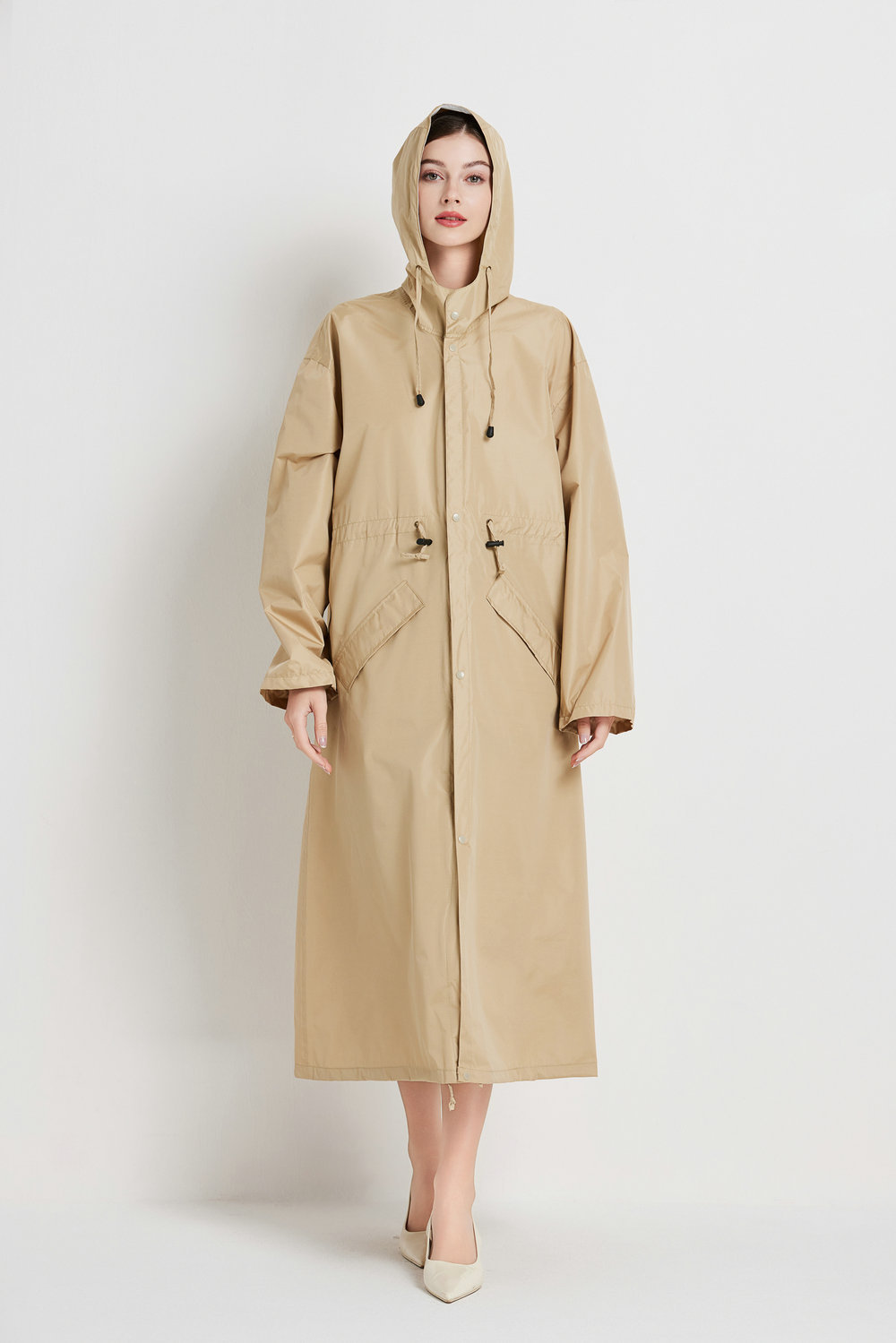 Size M Khaki Women's Chic Lightweight Waterproof Raincoat - Long Hooded Packable Rain Jacket with Pouch — image 4