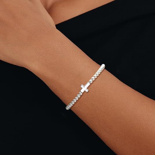 Women’s Silver Bracelet, Silver Elastic Beaded Bracelet, Handmade Ball Accent Bracelet, Elegant Silver Jewelry Gift — image 5