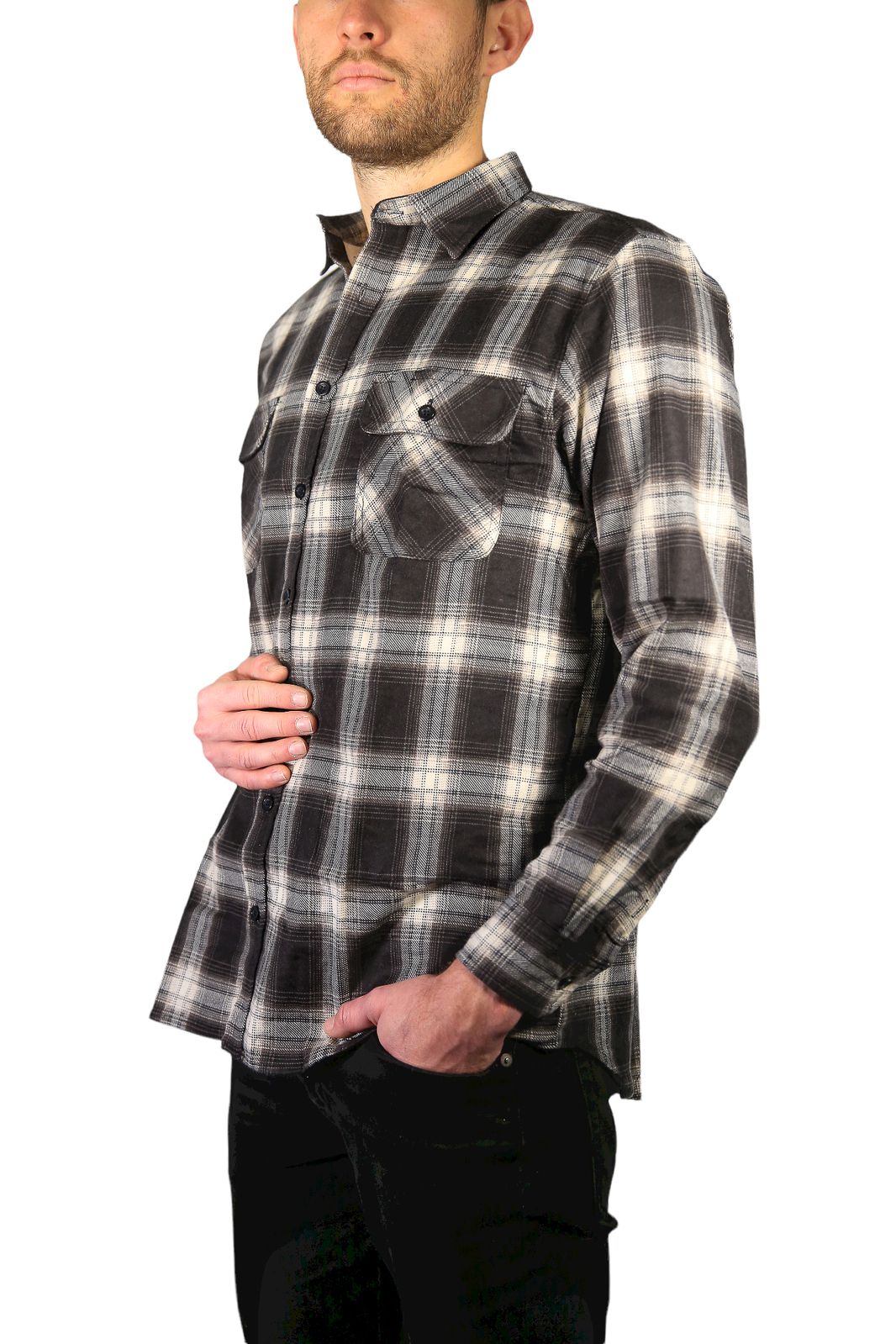Mens Flannelette Long Sleeve Shirt 100% Cotton Check Authentic Flannel - Full Placket - Black โ image 4