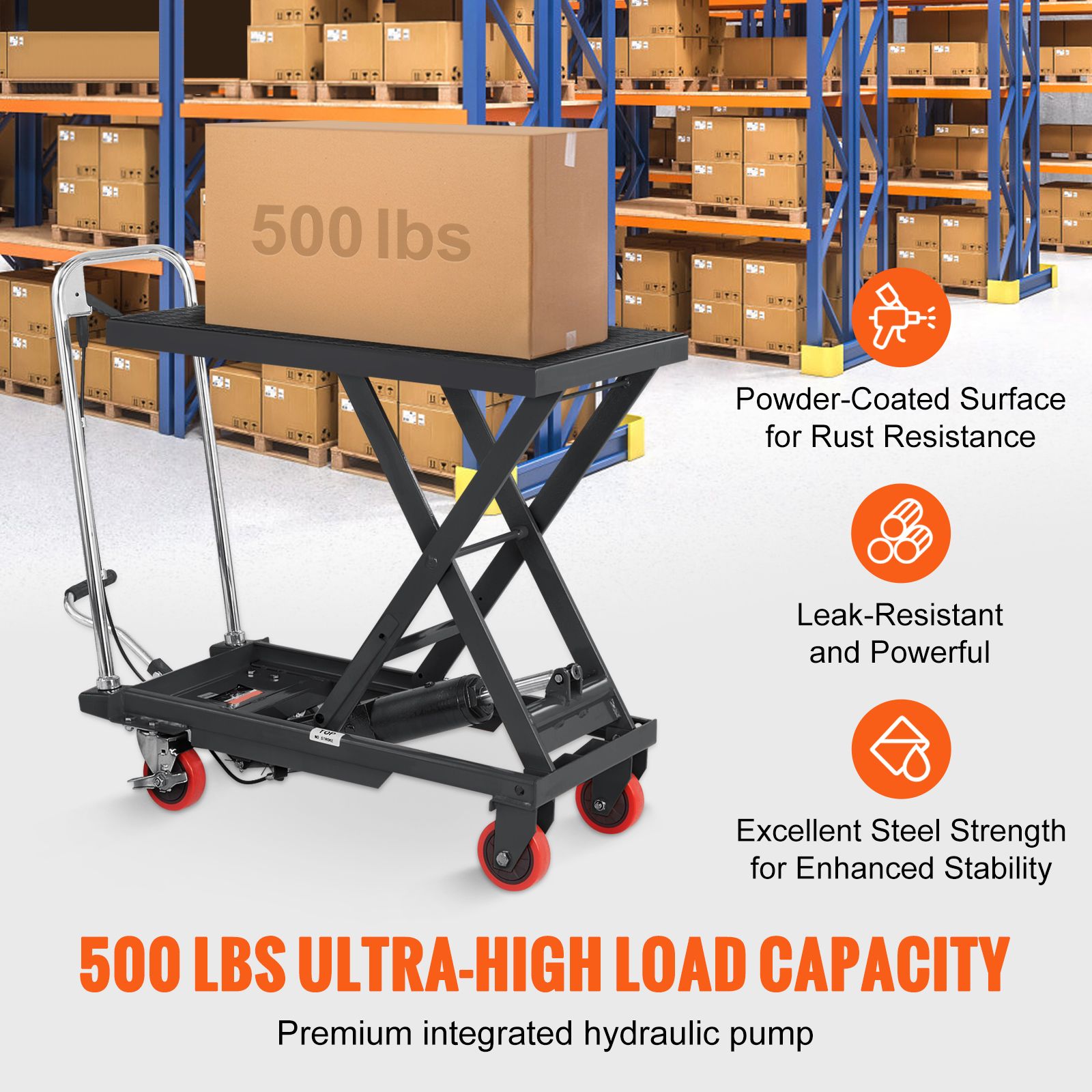 Hydraulic Lift Table Cart, 330lbs Capacity 28.5" Lifting Height, Manual Single Scissor Lift Table with 4 Wheels and Non-slip Pad, Hydraulic Scissor Cart for — image 2