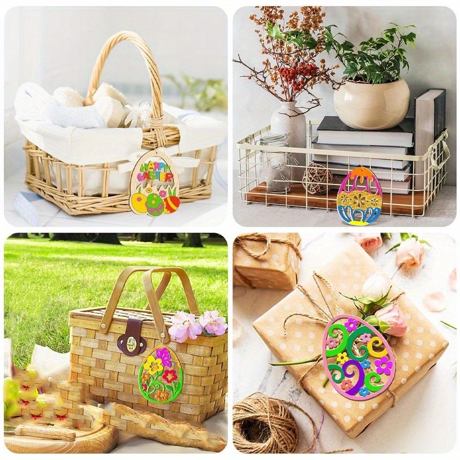 80pcs Easter wooden colored eggs, blank wooden pieces hand-made colored eggs, (including 40 hemp ropes and 40 wooden pieces) blank hanging decorative hand-made — image 2
