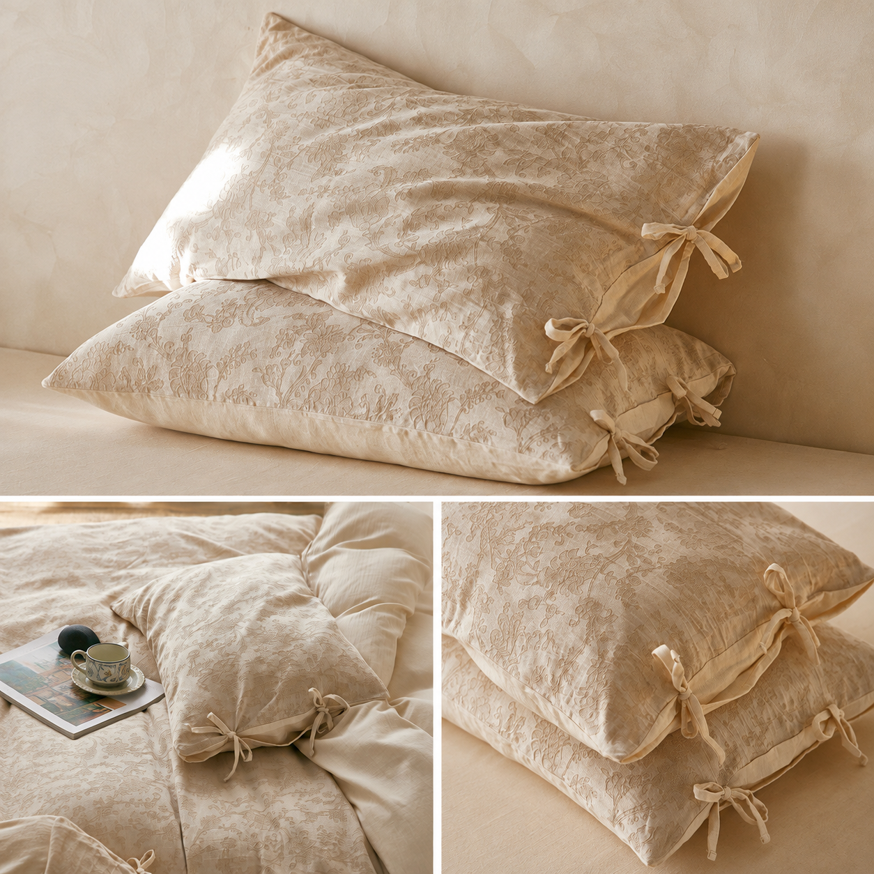 Linen Cotton Pillowcase Pair with Tie Closure Floral Pillow Covers 48x74cm (Style 1) โ image 3