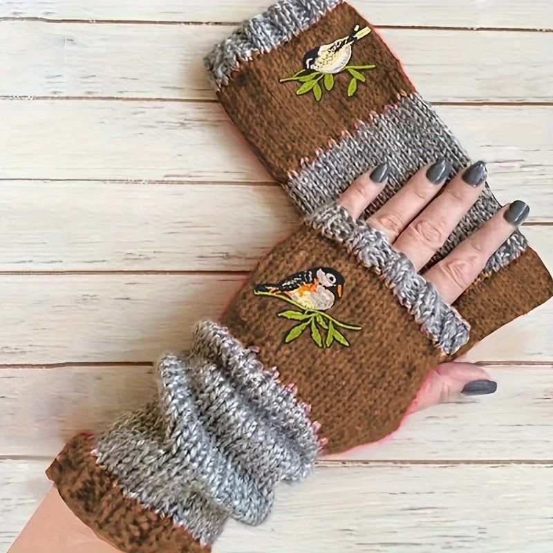 Color-Block Bird Embroidered Fingerless Knit Gloves – Warm, Flexible, Perfect for Daily Autumn/Winter Use, 8.5×22cm Stylish Practical Commute Hand-Warming — image 4
