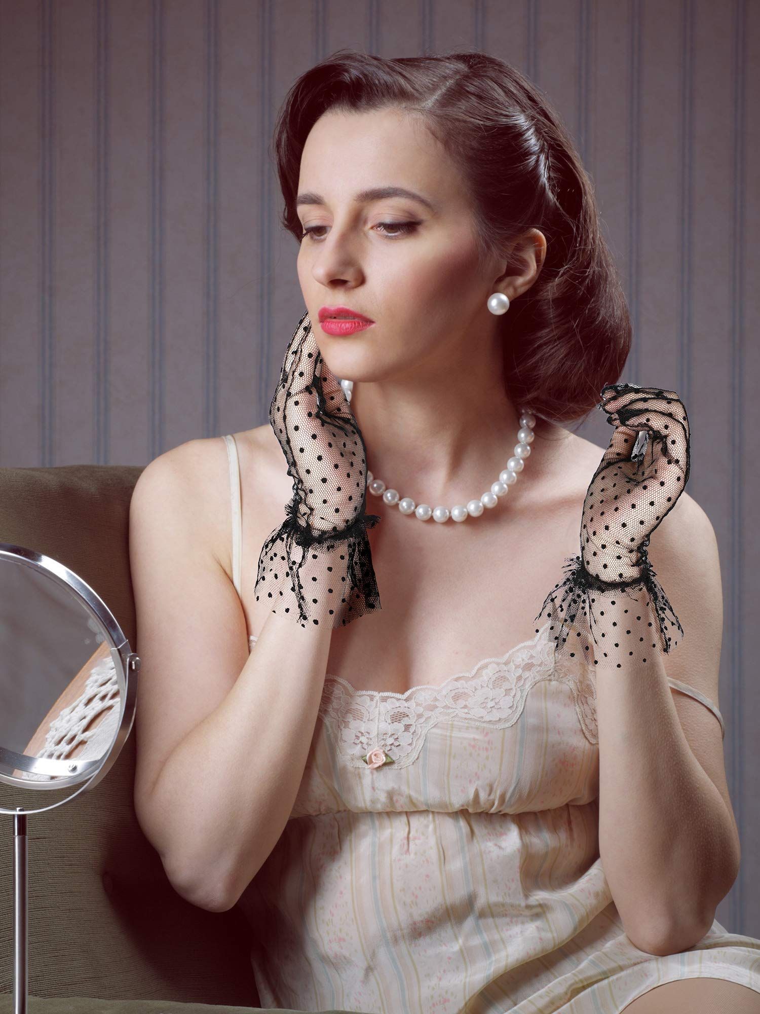 Short Lace Gloves 1960s Vintage Classy Polka Dot Tea Party Mesh Gloves for Bridal Women Wedding Halloween Costume — image 5