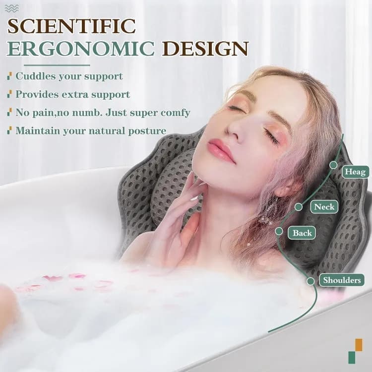 6-Pack Ergonomic Bathtub Pillow with 6 Strong Suction Cups, Support for Head Neck Shoulders & Back, 4D Design, Gray — image 4