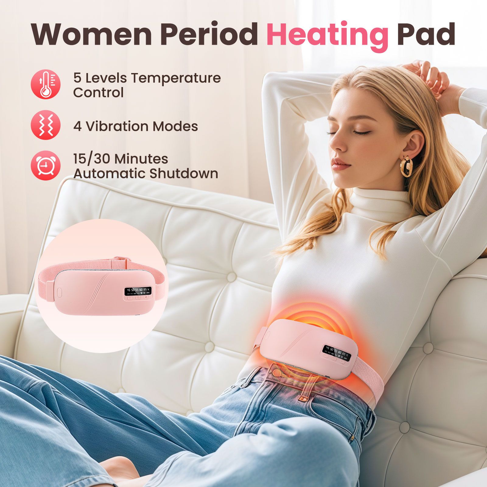 Portable Cordless Heating Pad for Cramps, 5 Heat Levels and 4 Massage Modes, A Temp Control, Belly and Back Heating Pad, Gifts for Women and Girls (Pink) โ image 2