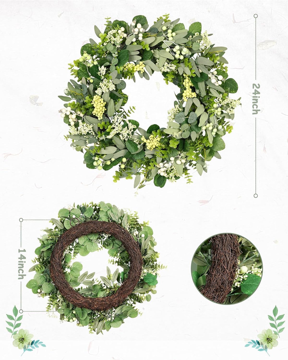 Green Eucalyptus Leaves Front Door Wreath, 24 Inch Artificial Spring Summer Greenery Wreath Front Door Decoration Boxwood with Big Berries Farmhouse Outdoor — image 3