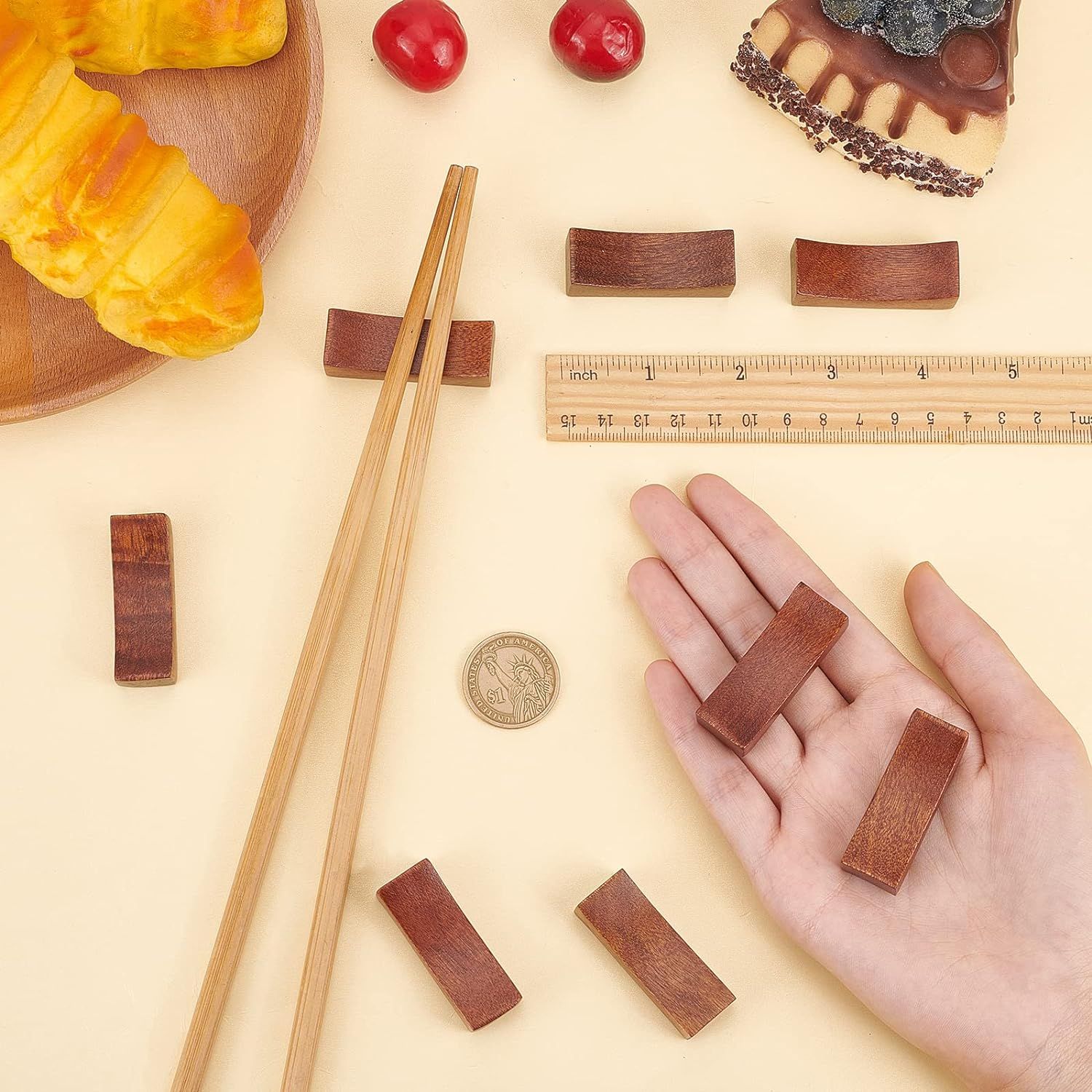 Set of 8 Wooden Chopsticks Rest(Coconut Brown) Handcrafted Wood Chopsticks Stand Dinner Spoon Stand Concave Shape — image 2