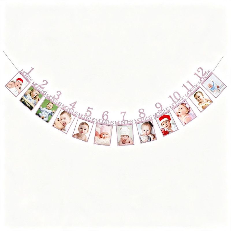 1-12 Month Baby Milestone Photo Garland, First-Year Picture Display Banner, Pink