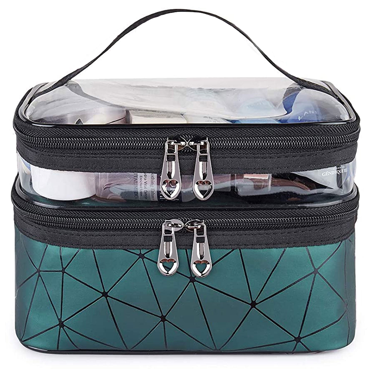 Meiyuuo Makeup Bag Cosmetic Bag Travelling Double Layer Make Up Bag Organizer Medium Case for Women Girls Reusable Toiletry Bags(Blue) Green — image 2