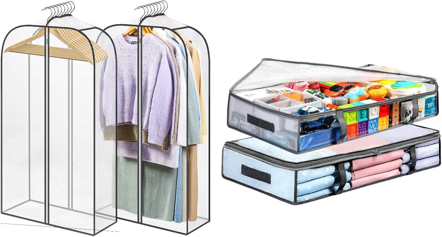 2 Packs Under Bed Storage Containers Bins-55L, Pack Clear Garment Bags-40'' Long
