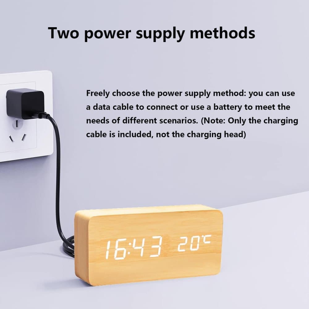 Digital LED Alarm Clock with USB Charger, Silent Wooden Clock for Bedrooms and Travel, 12/24h LCD Display, White — image 6