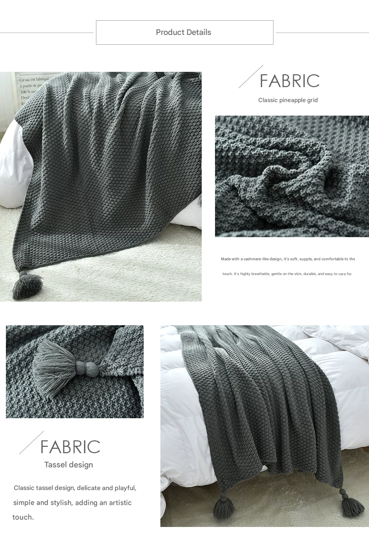 Grey 150 × 200cm Nordic Style Tassel Knit Throw Blanket - Soft Polyester Sofa Blanket with Pineapple Texture - Breathable & Lightweight for Office, Couch — image 5