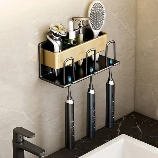 3-Piece Toothbrush Holder with Cup, Wall Mount No Drilling, Aluminum, Compatible with Oral-B, Gold — image 2