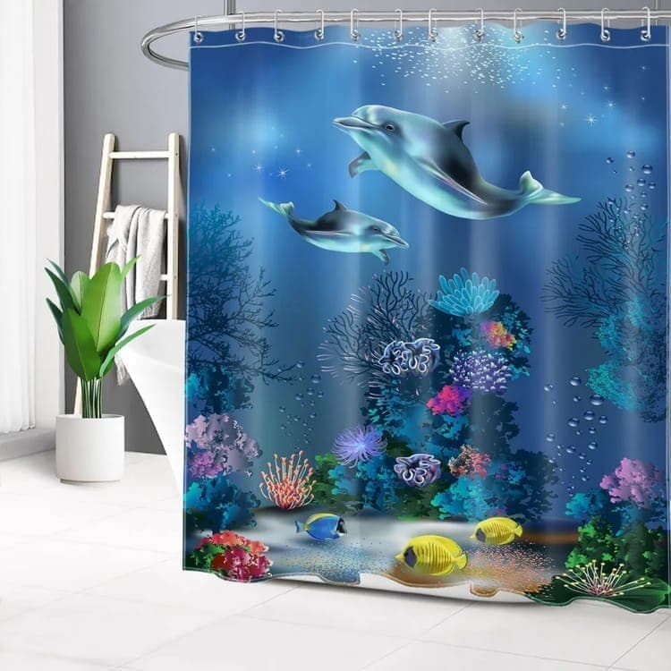 Waterproof Shower Curtain with Sea Turtle and Dolphin Motif, 180x180 cm, Dark Blue, Mildew Resistant — image 3