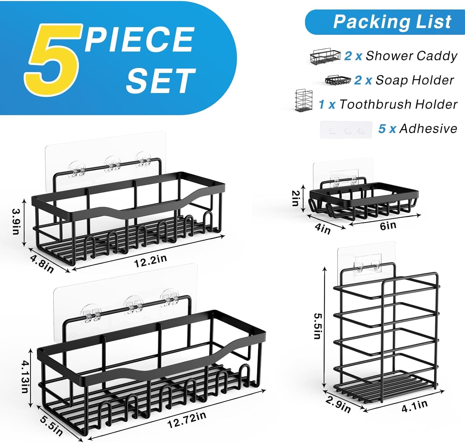 5 Pack Self-Adhesive Shower Shelves, Rust-Resistant Stainless Steel Bathroom Storage Organisers, No Drill, Black — image 4