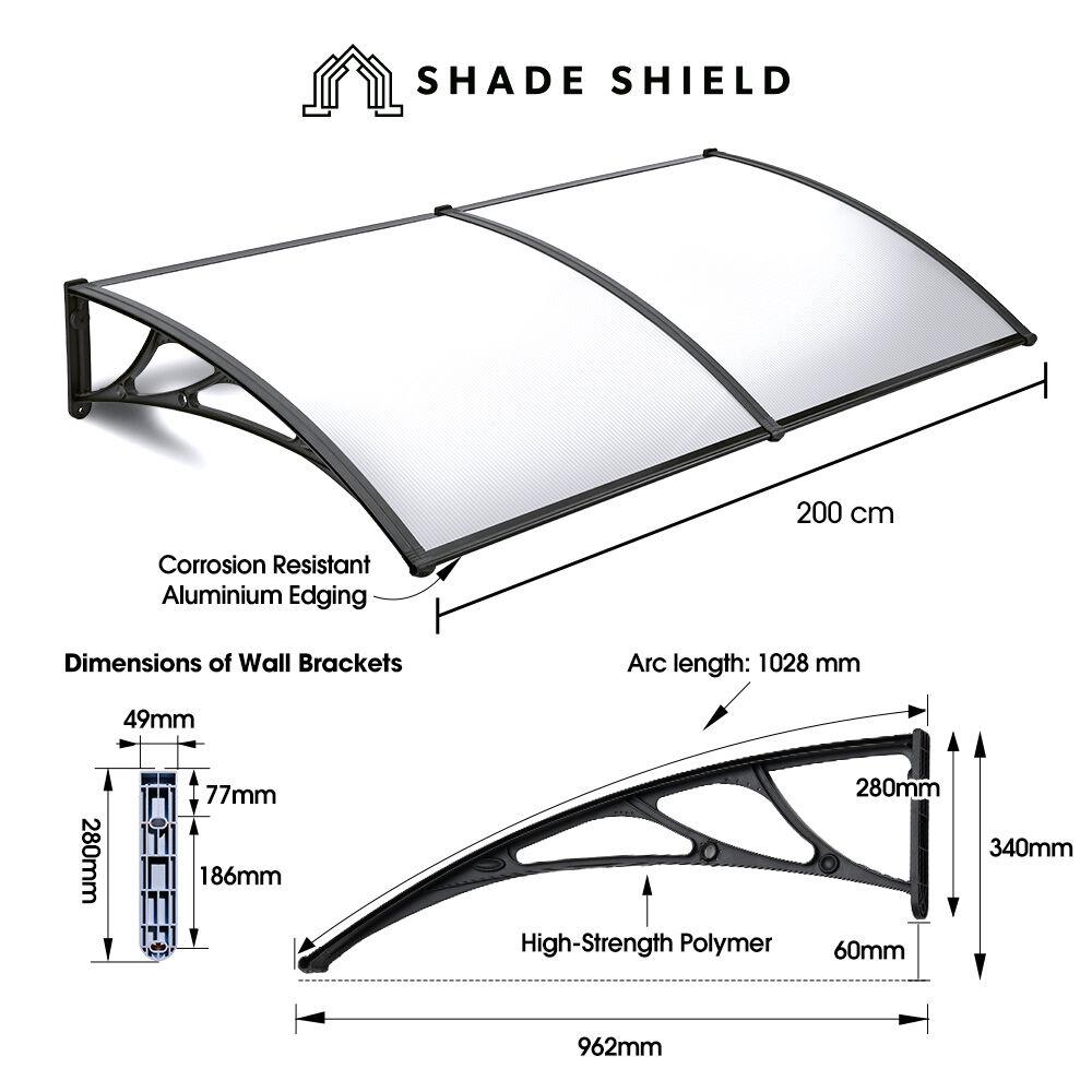 SHADE SHIELD 2 × 1m Aluminium Exterior Awning, Black DIY External UV Rain Protection Clear Polycarbonate Canopy Cover — image 2