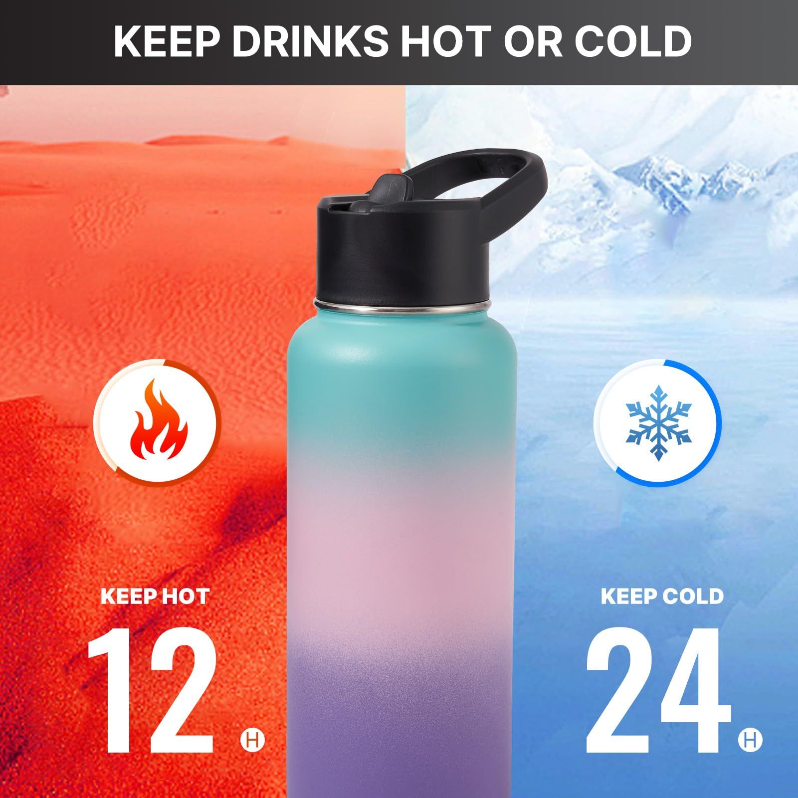 Stainless Steel Water bottle with Straw & Wide Mouth Lid, Wide Rotating Handle, 32oz Double Wall Vacuum Insulated Water Bottle — image 4