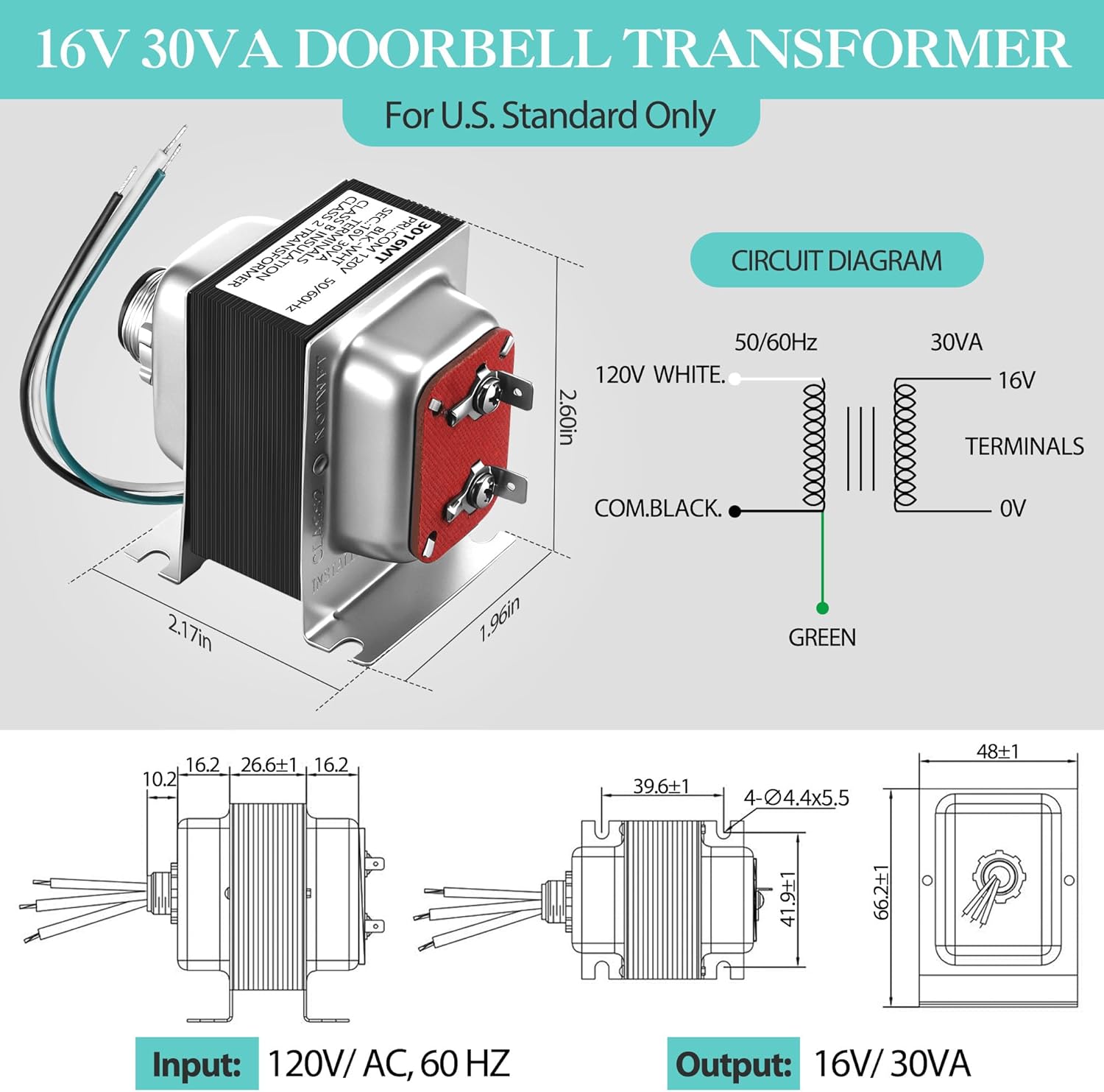 Landhoow Doorbell Transformer 16V 30VA, Hardwired Door Chime Transformer Compatible with Ring, Nest Hello Video Doorbell, 16V AC Power Supply for Thermostat
