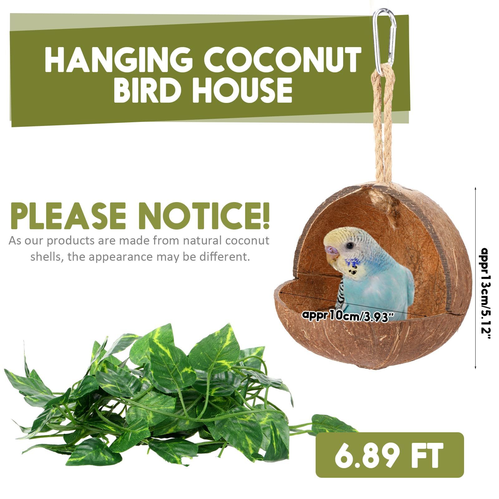 3 Pcs Natural Coconut Bird Hide Nest Birds Parakeet Nest with 6.9 Feet and 4 Hooks, Coconut Fiber Hanging Birdhouse Shell House — image 2