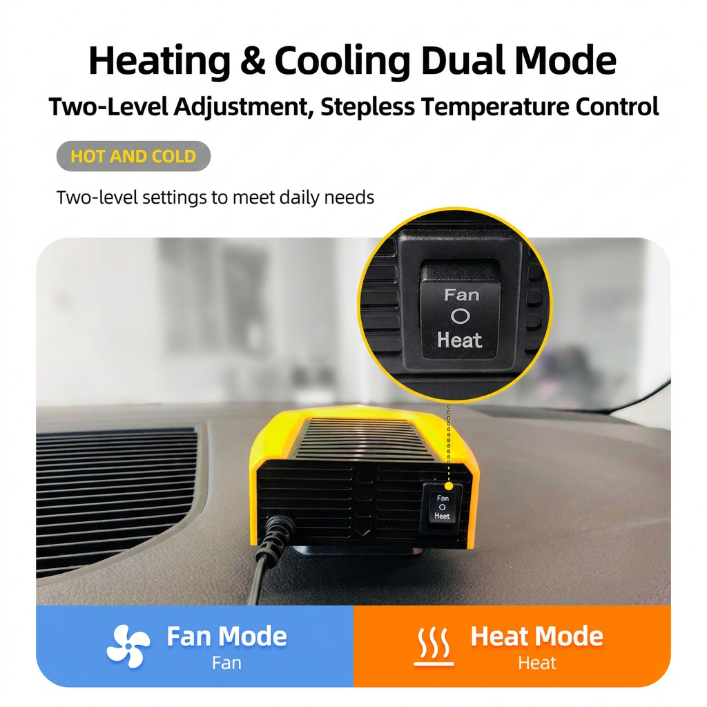 Yellow Compact 360° Adjustable Car Heater Fan with 20PCS Removable Nano Double Sided Adhesive Pads - Fast Defrost & Demister, Dual Mode Heat & Cooling Fan — image 4