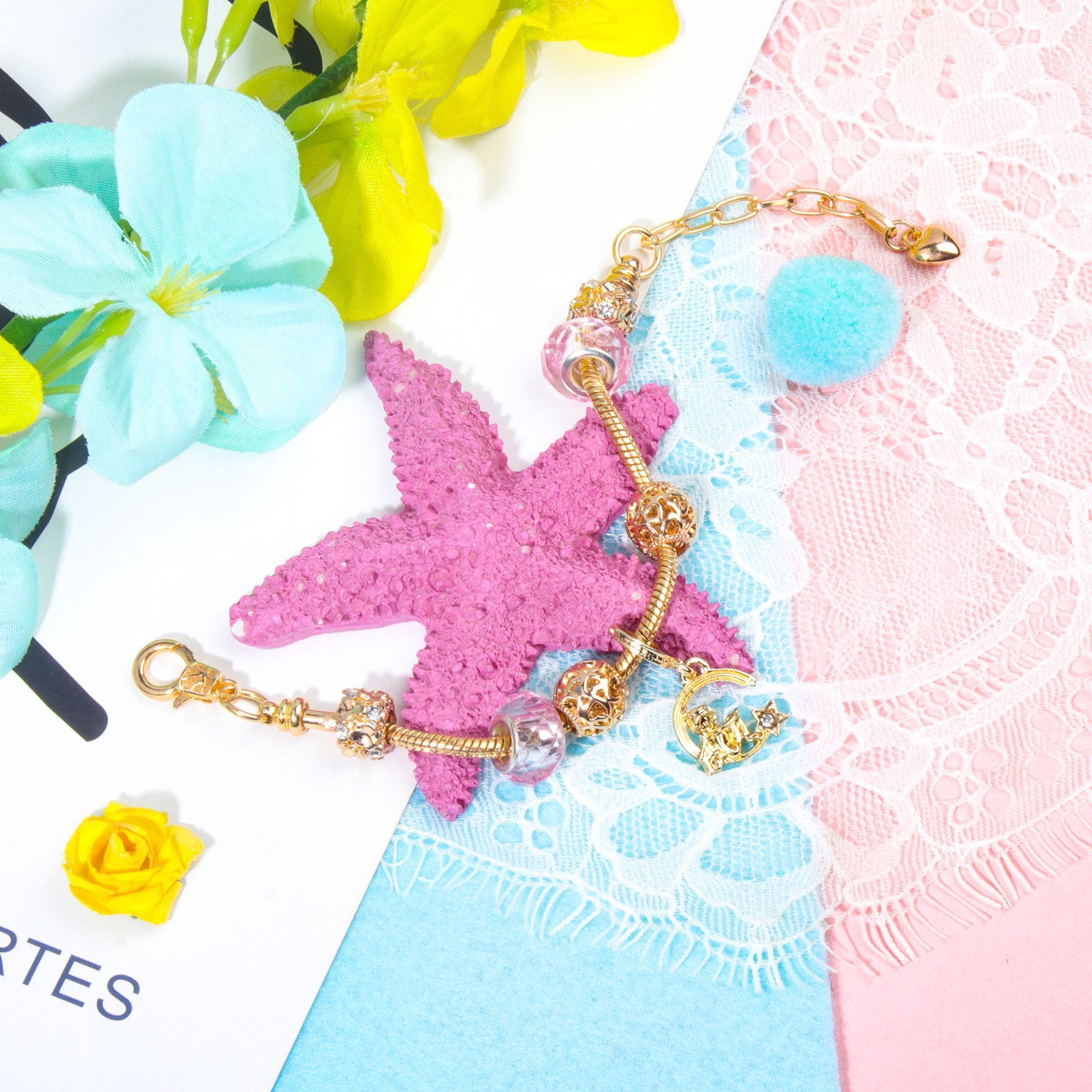 Sweet Style Crystal Rhinestone Gold Star Moon Pendant Cute Pink Bead Bracelet(18cm) โ image 4