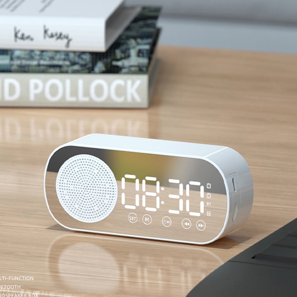 Bluetooth speaker alarm clock - with LED mirror display, radio, weather forecast - two high-volume alarms - suitable for deep sleepers - white — image 3