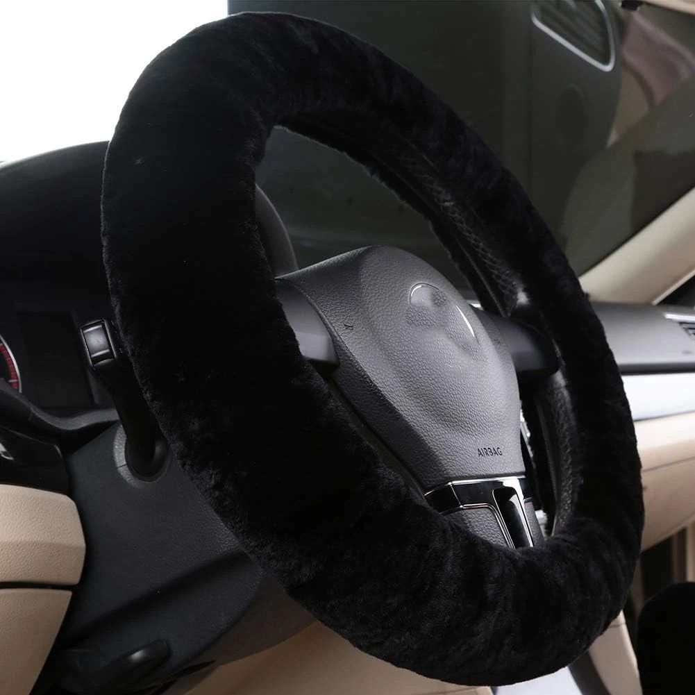Fluffy Wool Sheepskin Fuzzy Black Car Steering Wheel Cover for Universal Auto Steering Wheel 15inch, Anti-Slip, Soft Plush, Comforting and Luxurious, Soft โ image 4
