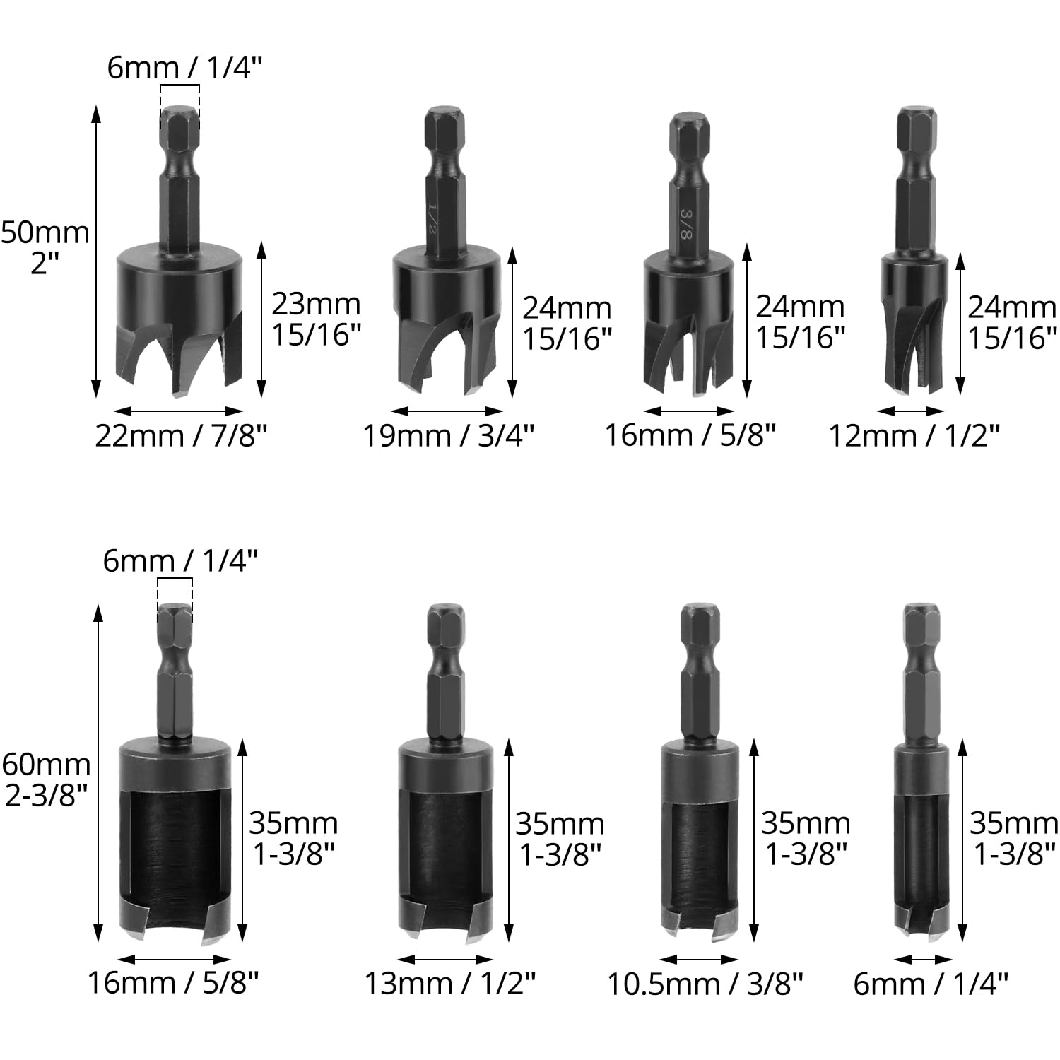 Wood Plug Cutter Drill Bit Set, 8Pcs, Includes 1/4", 5/16", 3/8", 1/2" Sizes, 1/4 Inch Hex Shank — image 6