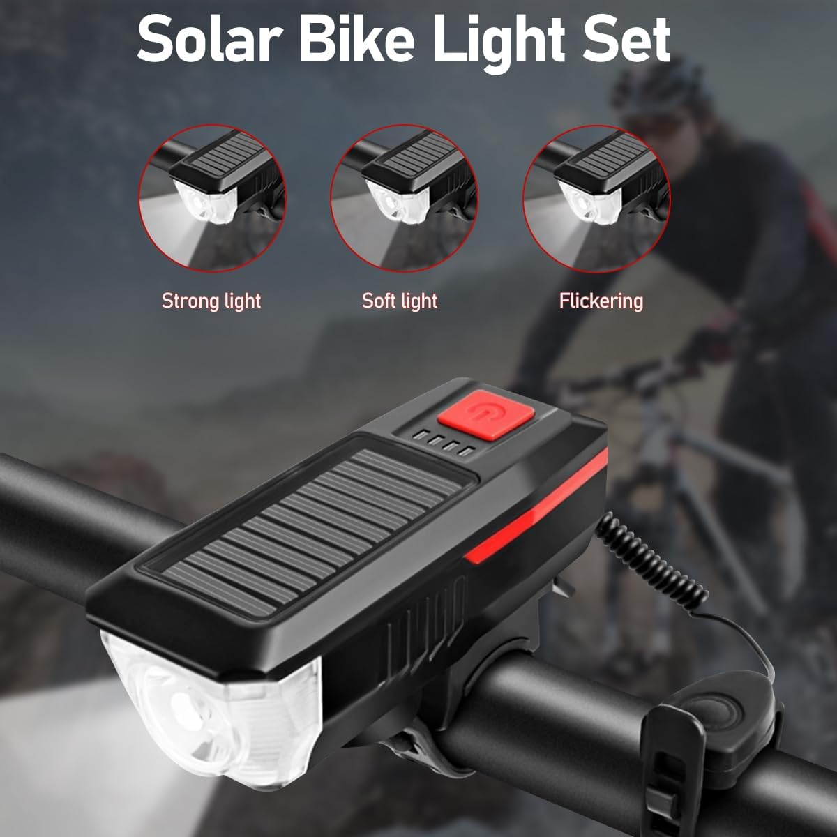 Solar and USB Rechargeable Bike Light Set with 120 dB Horn, 1500 mAh Battery and Multiple Lighting Modes, Black — image 2