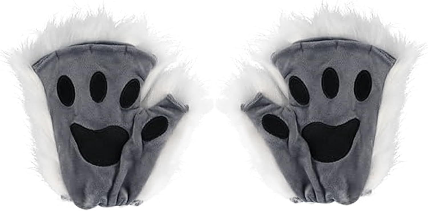 Black Grey Half Finger Cat Paw Therian Gloves for Adults Kids Cosplay, Embroidered Realistic Faux Fur Paws with Soft Texture, Perfect for Stage and Theme — image 5