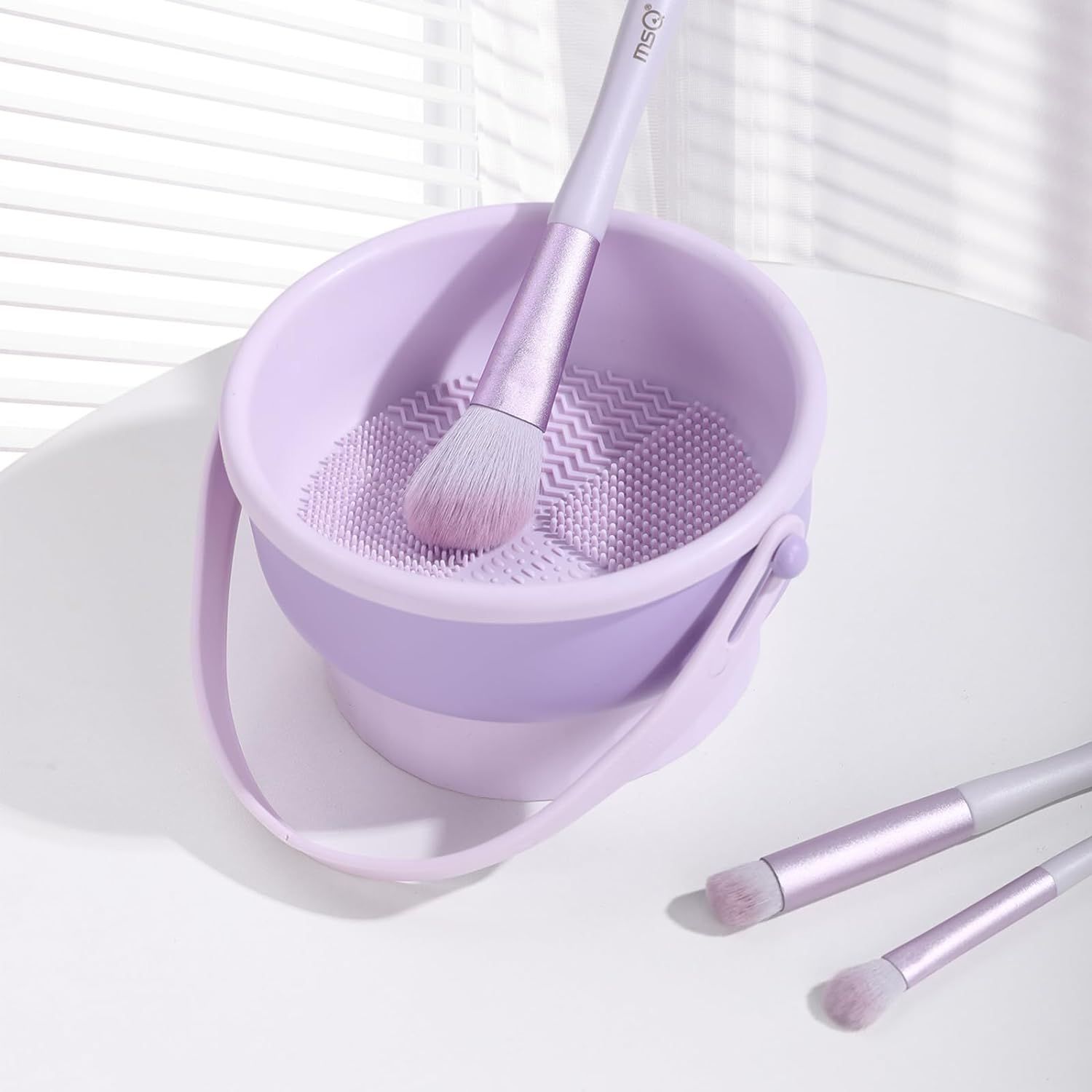 Makeup Brush Cleaning Mat, 3 In 1 Silicone Makeup Brush Cleaner Bowl with Brush Drying Holder, Makeup Brush Scrubber(Purple) — image 2