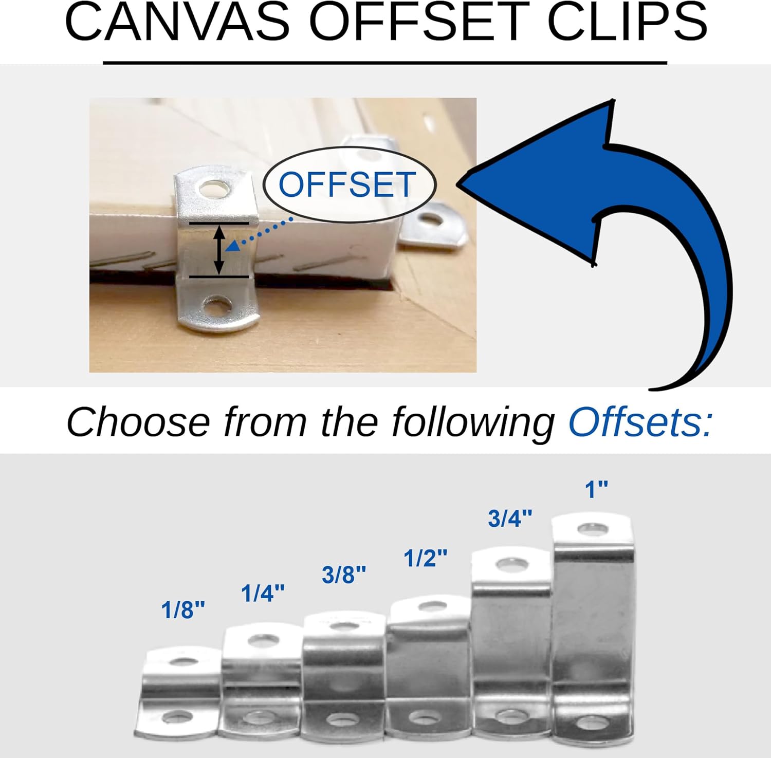 Canvas Clips 8-Pk: (1/2" Offset) or Choose Your Length; Mirror Picture Frame or Artwork Hanging Floater Framing; 8 Screws Included; Glass Panel Metal Retainer — image 2