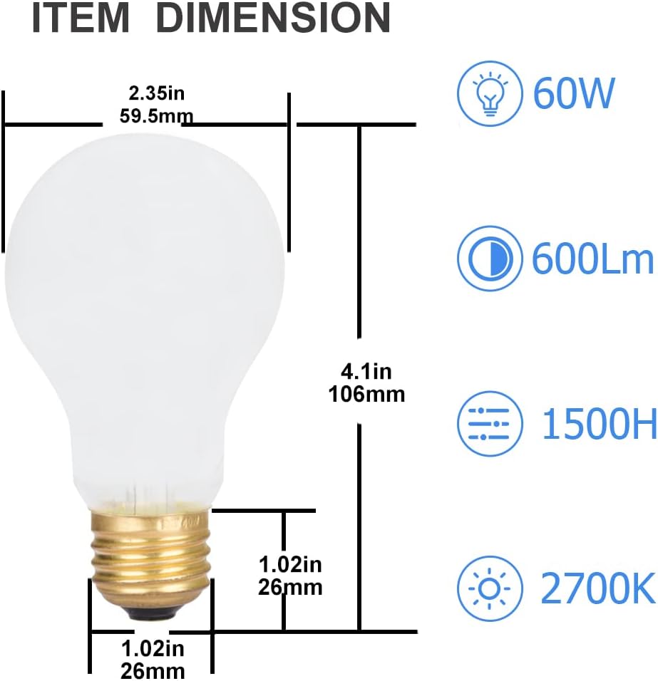 12 Pack 60 Watt A19 E26 Medium Base 130 Volt Incandescent Light Bulbs, Standard Household Bulbs for Ceiling Fan, Bedroom, Living Room — image 2