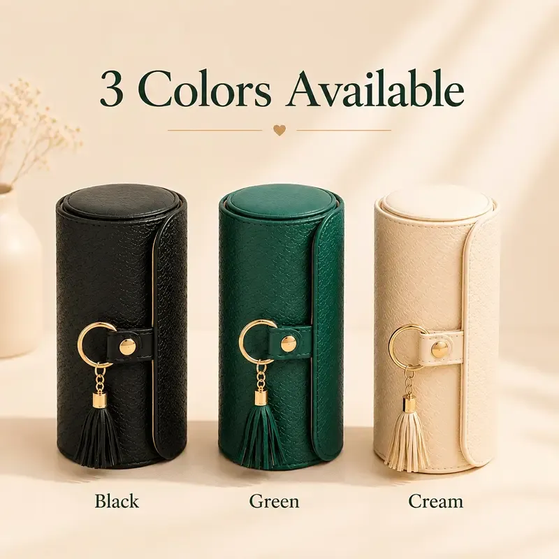 โจ Travel Jewellery Organizer Case | Textured PU Leather with Tassel | 3 Compartments for Rings, Earrings & Necklaces | Compact Gift for Her/Grey โ image 3