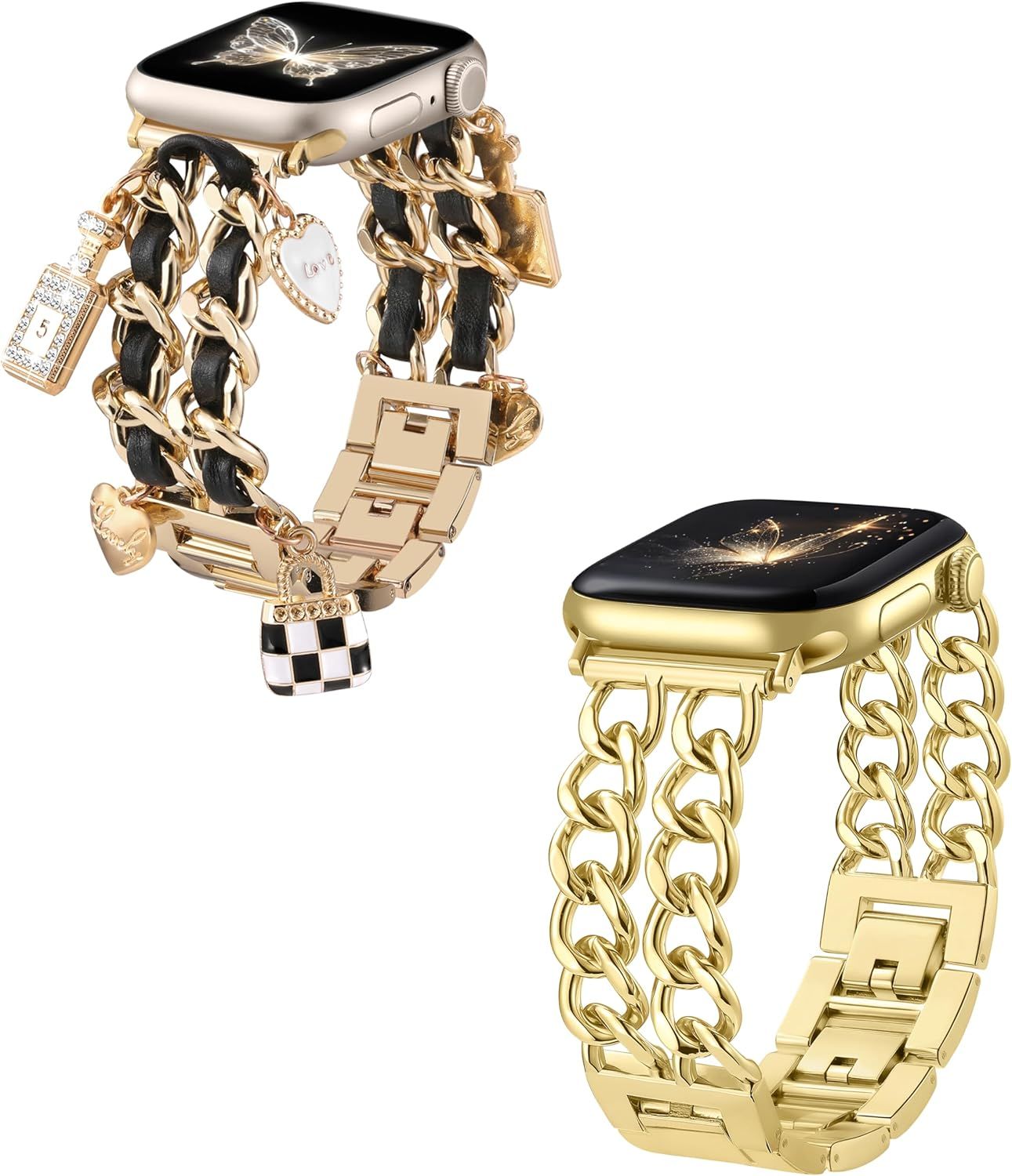 Gold Band Compatible with Apple Watch Bands for Women 40mm 42mm 38mm 41mm 44mm 45mm 46mm, Metal Double Chain Link Design Bracelet Replacement for โ image 2