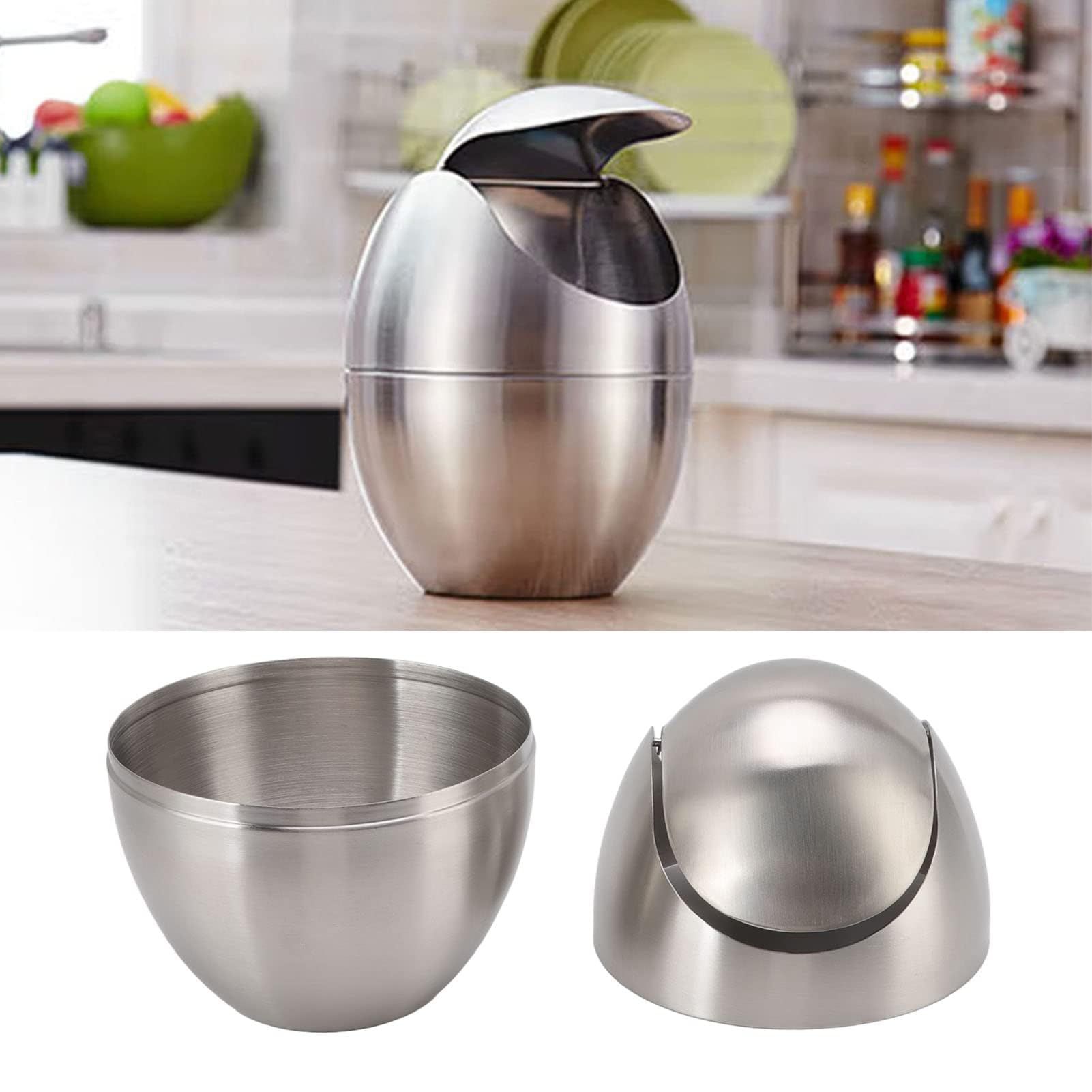 Mini Countertop Trash Can, Simple Stainless Steel Table Trash Can with Swing Lid Egg Shape Small Garbage Bin for Home โ image 3
