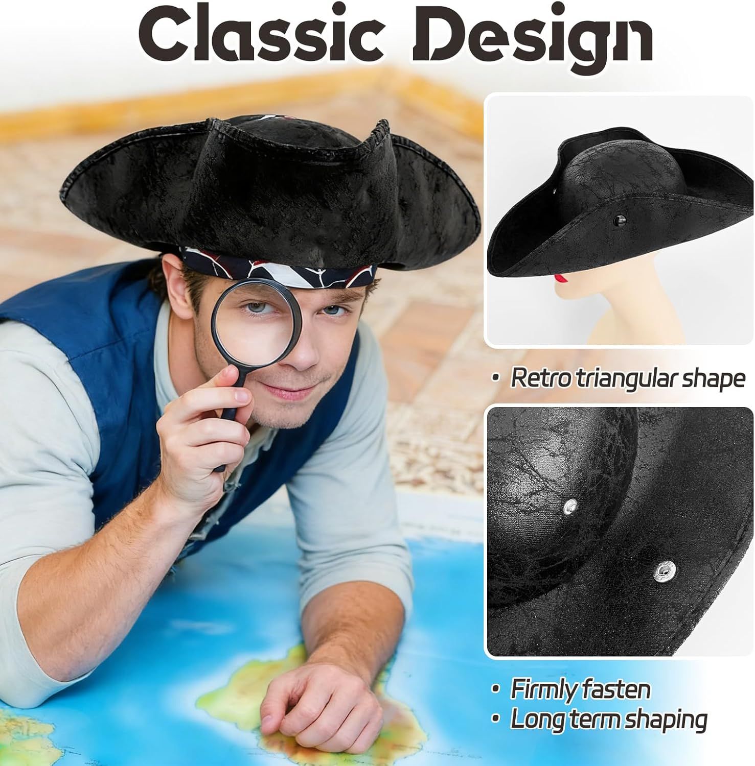 Black Pirate-Hat,Women Tricorn Leather Hat,Men Vintage Wrinkle Pirate Hat for Halloween Party Costume Accessories — image 4