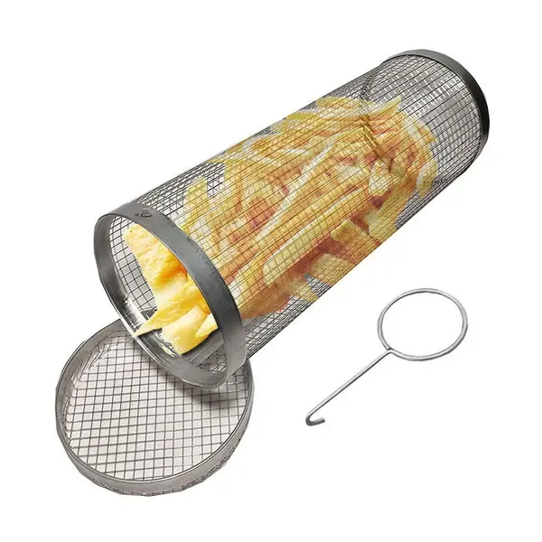 Round BBQ Grill Basket Set, Stainless Steel Non-Stick Mesh Roller with Fork for Outdoor Grilling, Silver, 20 x 9.5 cm โ image 3